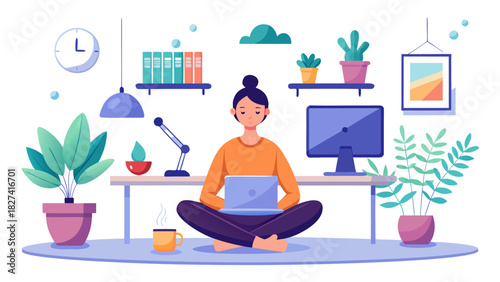 Young woman practicing mindful remote work with laptop in cozy home office with plants and warm lighting