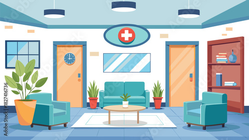 Modern bright waiting room with medical cross sign for healthcare clinic or hospital interior design