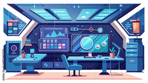 Futuristic control room with digital screens and holographic data analytics workspace