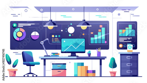 Modern home office workspace with computer dashboard analytics and creative design elements in soft ambient lighting