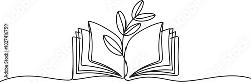 Continuous line art illustration of an open book with a leafy plant growing from the pages, symbolizing education and nature.
