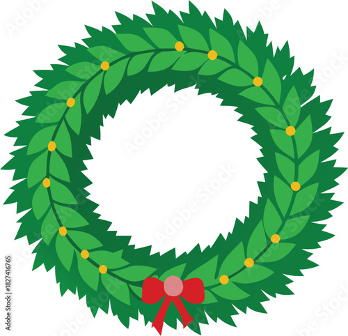 Green christmas wreath with red bow and small yellow ornaments
