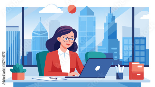 Professional woman working on laptop in modern city office with skyline view and warm lighting