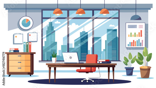 Modern home office with city view and laptop setup in warm ambient lighting