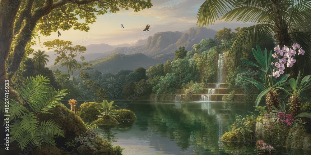 Fototapeta premium Wallpaper serene tropical landscape painting in pastel tones