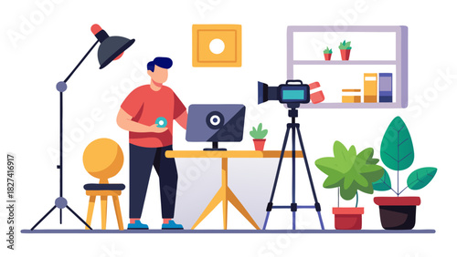 Professional videographer recording content in bright home studio with plants and modern lighting setup