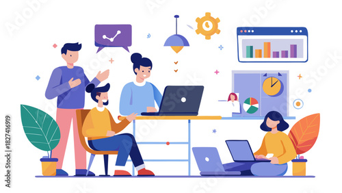 Diverse team collaborating on digital projects in bright modern coworking office with creative icons