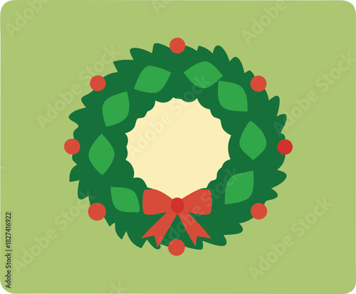 Christmas wreath with red bow and berries on green background