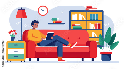 Young professional woman working remotely on laptop in cozy living room with warm lighting and home office setup