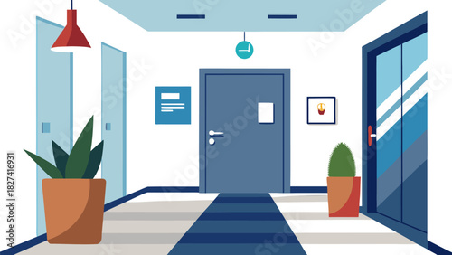 Modern minimalist office hallway with blue door and warm lighting for corporate or real estate marketing