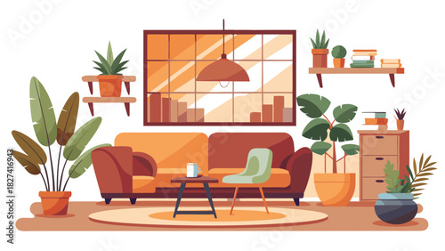 Cozy living room interior with plants and modern furniture