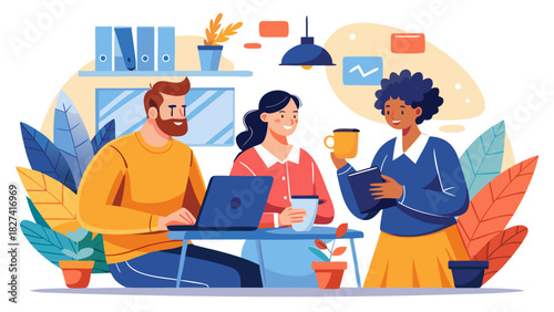 Diverse colleagues collaborating in modern office with laptops and coffee