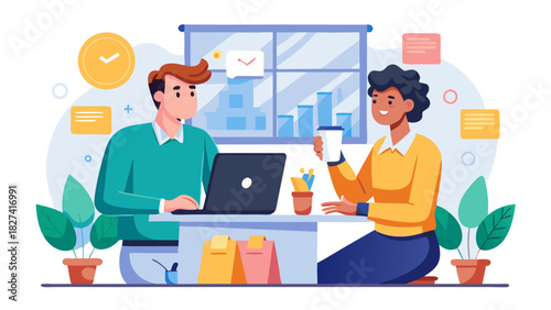 Young diverse professionals collaborating on laptop in bright modern office with e-commerce icons