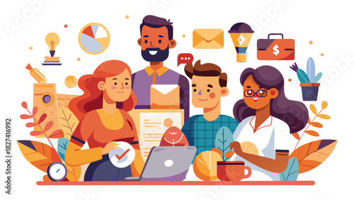 Diverse team brainstorming creative ideas in modern office with bright lighting and flat design