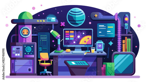 Futuristic digital workspace with holographic screens and neon lighting for tech innovation and business concepts