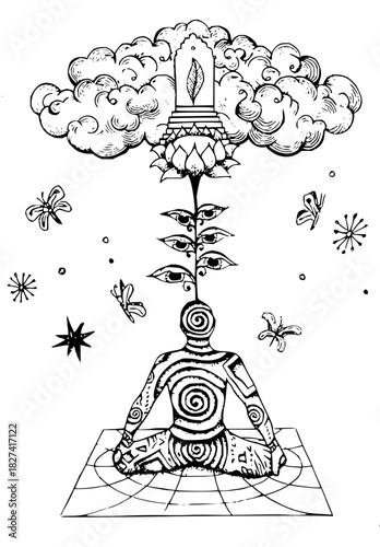 Meditative zen artwork showcasing enlightenment and inner peace, spiritual journey with mindful energy in a modern hand-drawn style for wellness and tranquility