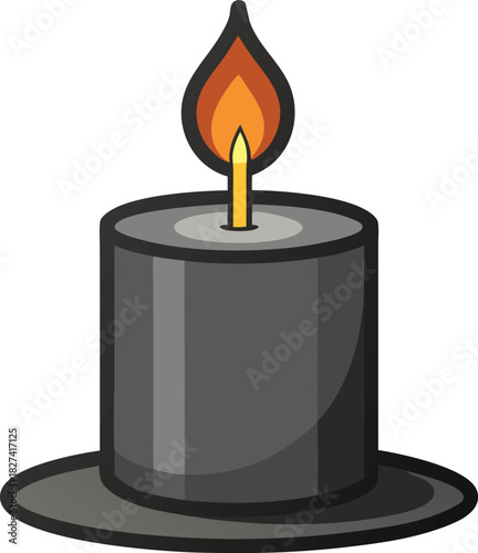 A single lit black candle with a flame on a white background