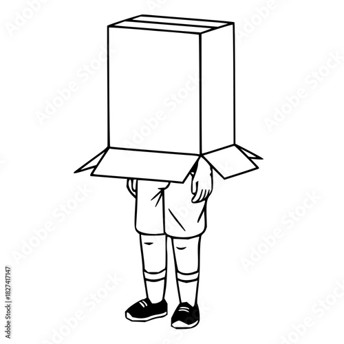 Whimsical childlike innocence bursts forth as a person playfully wears a cardboard box, sparking creativity and imagination through simple forms and lines