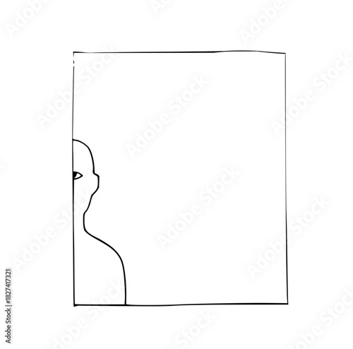 Minimalist drawing of a person's silhouette peering from behind a frame, evoking mystery and curiosity, perfect for adding intrigue to creative projects