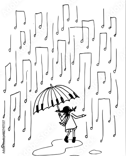 Whimsical musical rain illustration with a girl under a piano key umbrella, perfect for music education materials, children's books, and creative projects