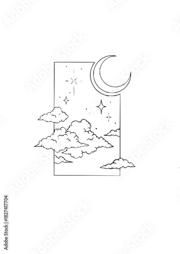 Dreamy night scene featuring a crescent moon, stars, and fluffy clouds, perfect for sleep-related themes, whimsical designs, and peaceful art projects