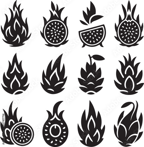 Black Dragon Fruit Icon Set Illustration for Culinary and Graphic Design