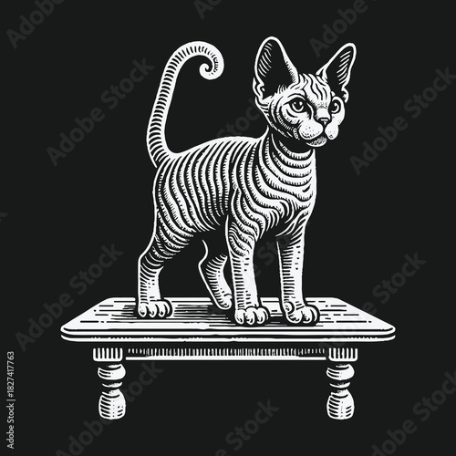 Monochrome Engraving Style Illustration of a Sphynx Cat Standing on a Wooden Table.