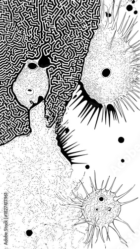 Intricate black and white artwork depicting complex labyrinthine patterns alongside stylized organic shapes, creating a surreal and captivating visual experience