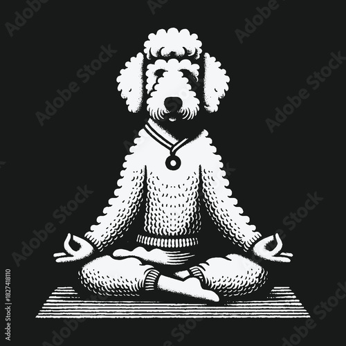 Calm poodle dog meditating in lotus yoga pose illustration.