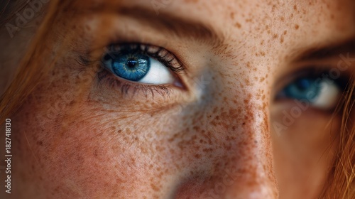 A young individual with bright blue eyes and a complexion adorned with freckles is captured in vibrant detail. The focus highlights their captivating gaze and unique features.