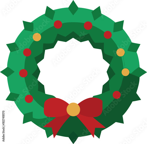 Green christmas wreath with red bow and ornaments