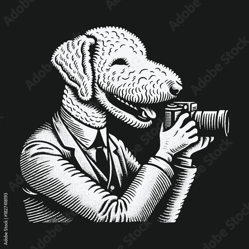 An anthropomorphic poodle dog photographer in a suit holding a vintage camera.