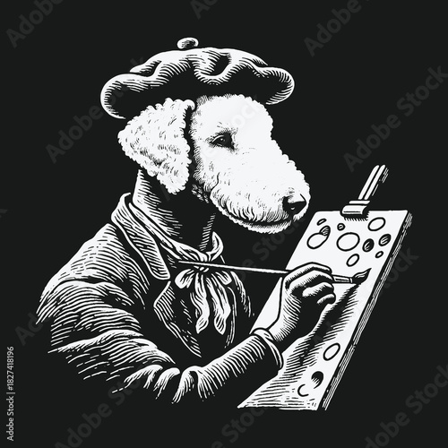 A creative poodle dog artist wearing a beret and painting.