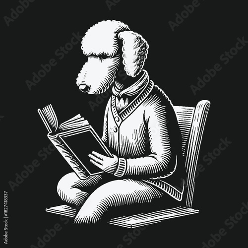 Well dressed poodle scholar engrossed in a book illustration.