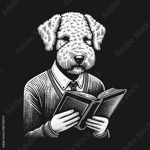 Vintage style black and white illustration of a studious terrier dog reading a book.