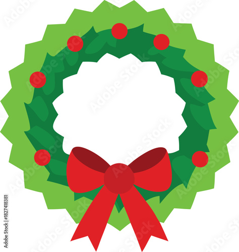 Festive green christmas wreath with red bow and berries