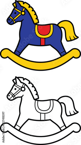 Charming blue rocking horse toy illustration with a yellow mane and red saddle shown in full color and as a line art outline.