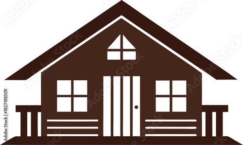 Simple brown wooden cabin with a pitched roof and porch