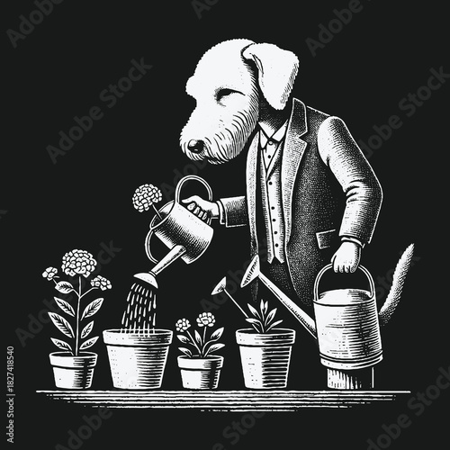 A Well Dressed Canine Gentleman Carefully Waters His Garden.