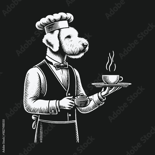 Dapper anthropomorphic dog waiter in a chef hat serving hot coffee.