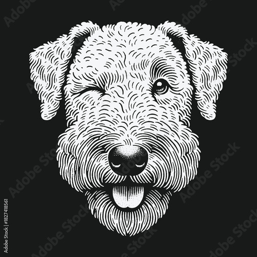 Happy winking terrier dog head in vintage engraving style.