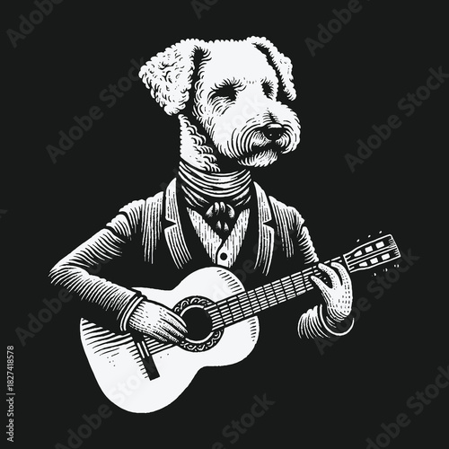 Dapper Terrier Dog in a Suit Playing Acoustic Guitar Illustration.