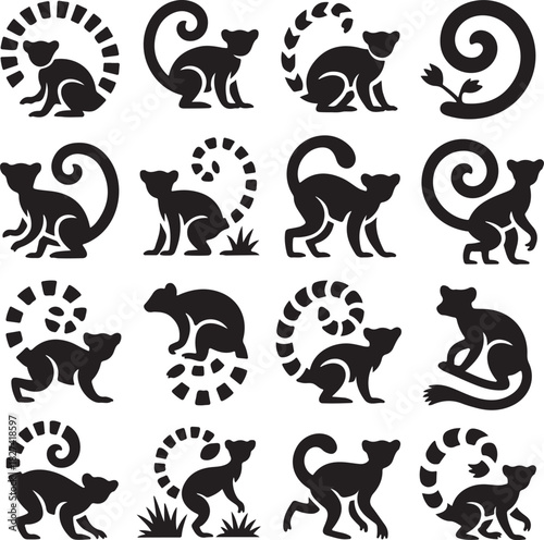 Black silhouettes of lemurs with ringed tails in various poses