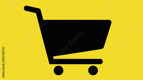 Black silhouette of a shopping cart, a vector icon representing purchase, checkout, and e-commerce on a vibrant yellow backdrop