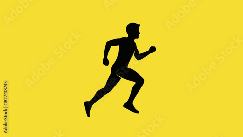 Dynamic black silhouette of a running person against a vibrant yellow background, symbolizing fitness, health, and sport