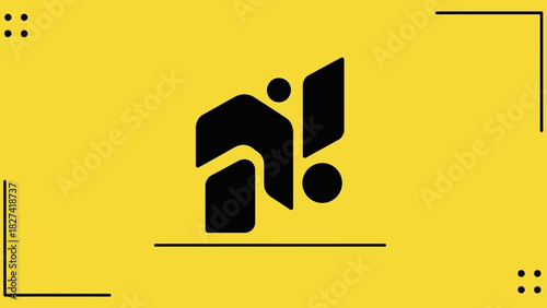 Geometric black brand mark icon with an exclamation point on a vibrant yellow background, symbolizing surprise, attention, or a new idea