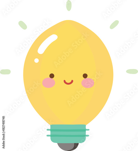 Cute kawaii light bulb character with glowing rays