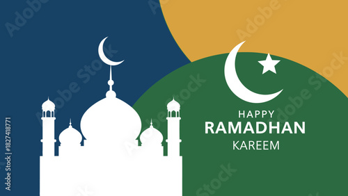 Happy Ramadan Kareem Greeting with Crescent Moon and Mosque Illustration