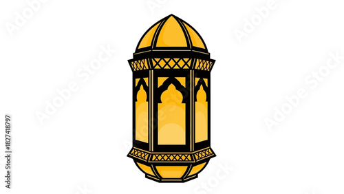 A beautifully ornate Islamic lantern with a warm golden glow, a traditional symbol for Ramadan and Eid celebrations, isolated on a white background