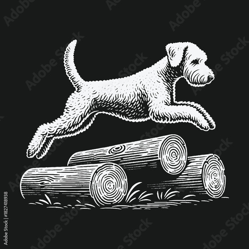 Vintage style illustration of a terrier dog jumping over logs.
